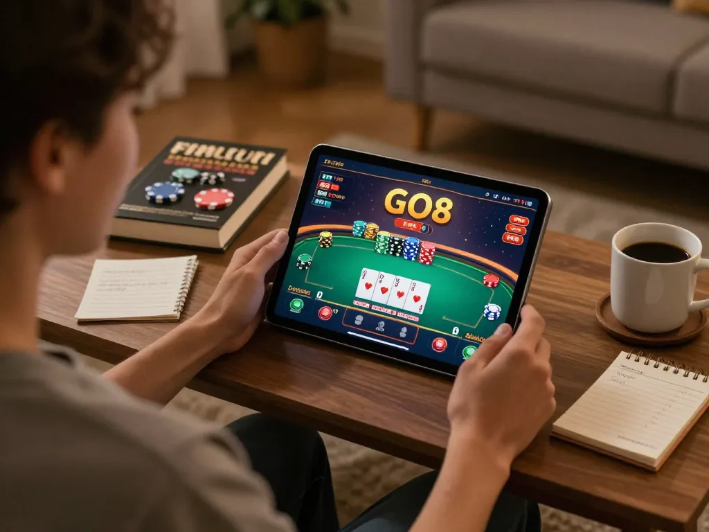 Engaging in Go8 online casino games at home, highlighting personal gaming strategies and atmosphere.