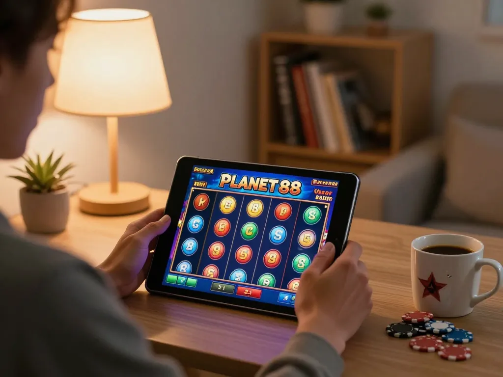 Engaged player enjoying planet88 slot game on tablet in cozy living room.