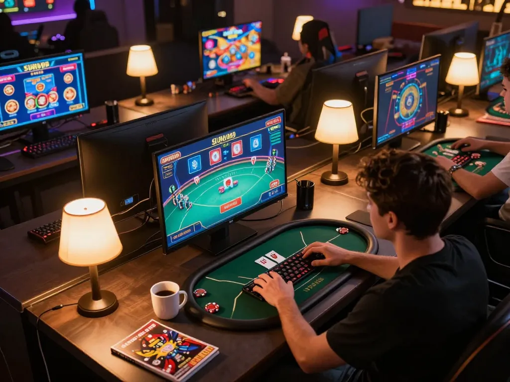 Pengaturan permainan yang menarik menampilkan permainan poker online SURYA999 di beberapa layar dalam ruang kerja yang nyaman.