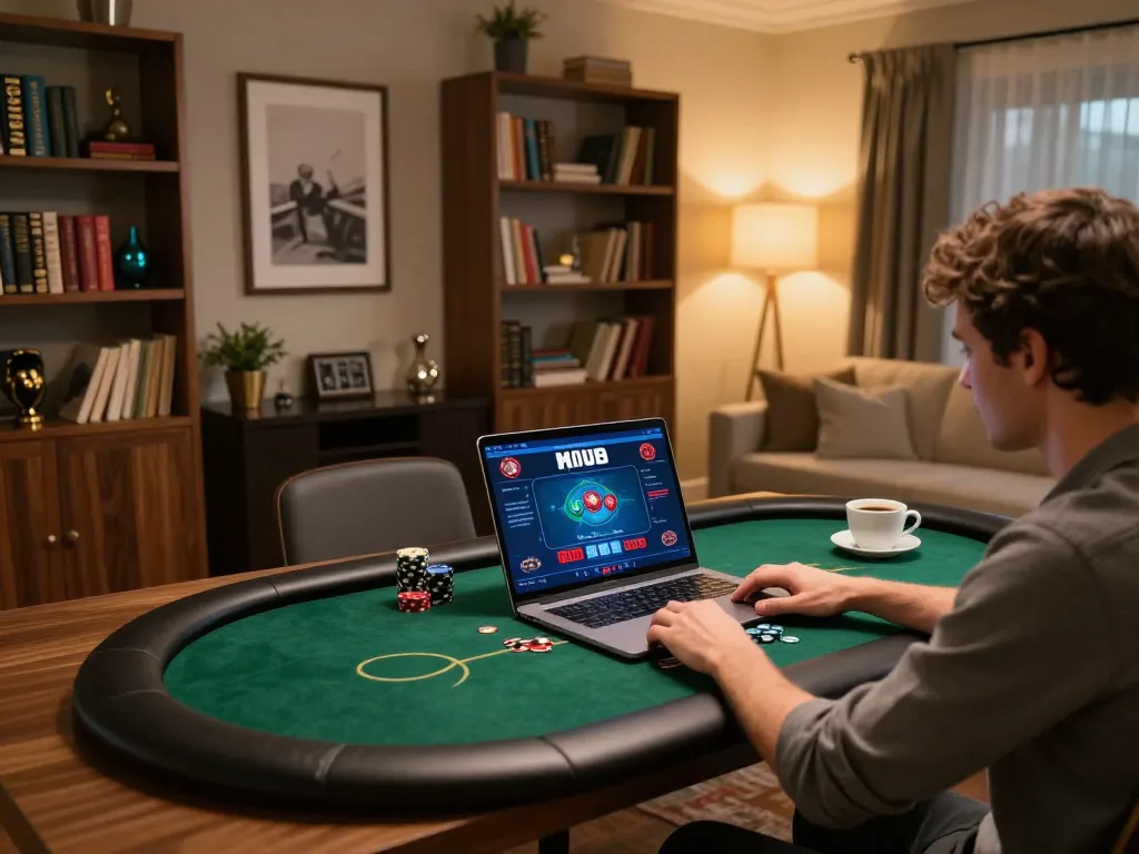 RR88 player engaging with an online poker game at home, emphasizing strategic gameplay.