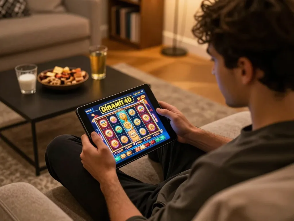 Gambling enthusiast using the dinamit4d app on a tablet in a cozy home setting, showcasing engaging gameplay.