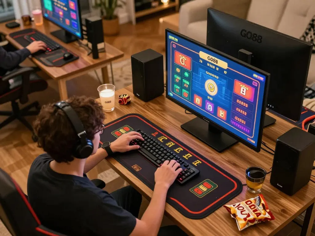 Player enjoying a thrilling GO88 live dealer game at home, demonstrating excitement and strategic betting.