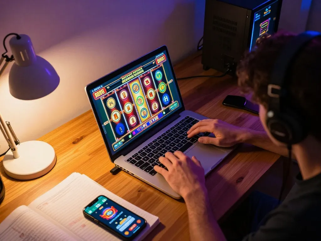 Engaging in slot online gameplay, showcasing vibrant reels and strategic notes in a cozy home setup