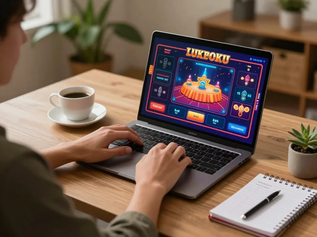 Engaging in online gaming at Say88, showcasing a cozy setup with a laptop and casino interface.