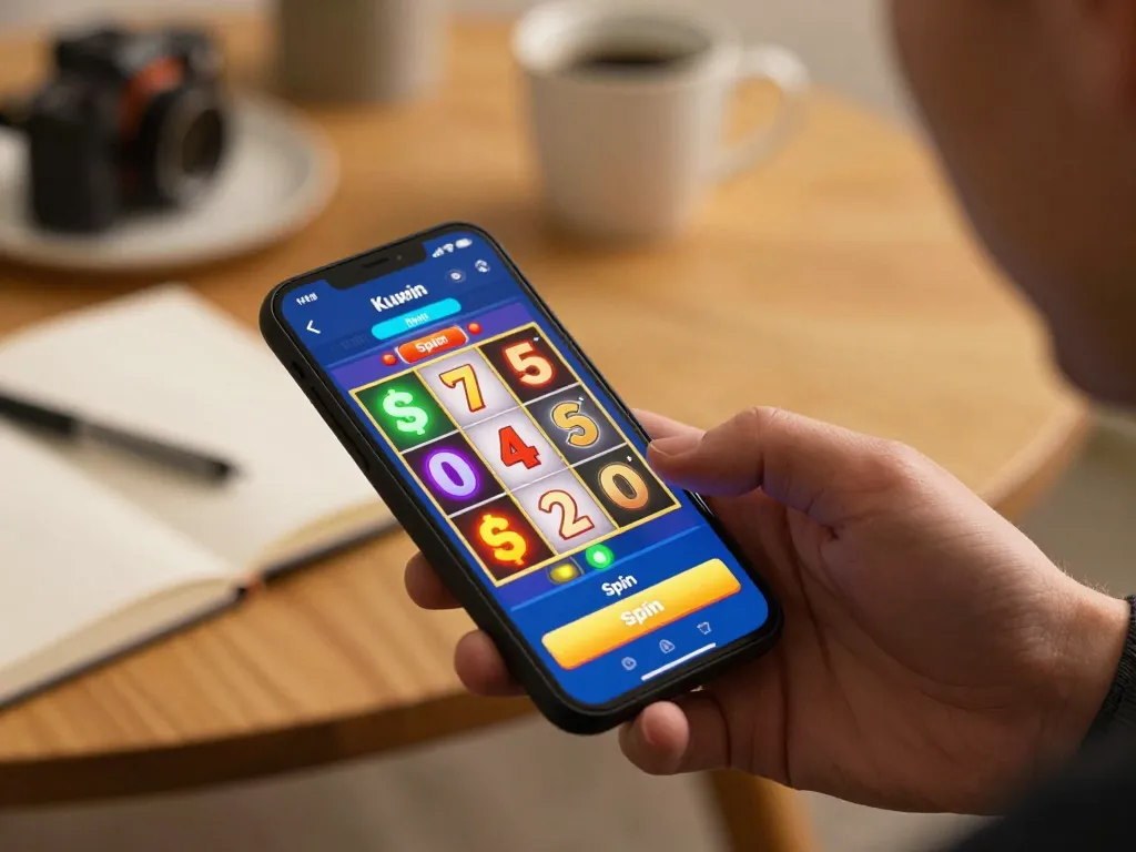 Kuwin slot game spin action captured on smartphone in a cozy home setup.