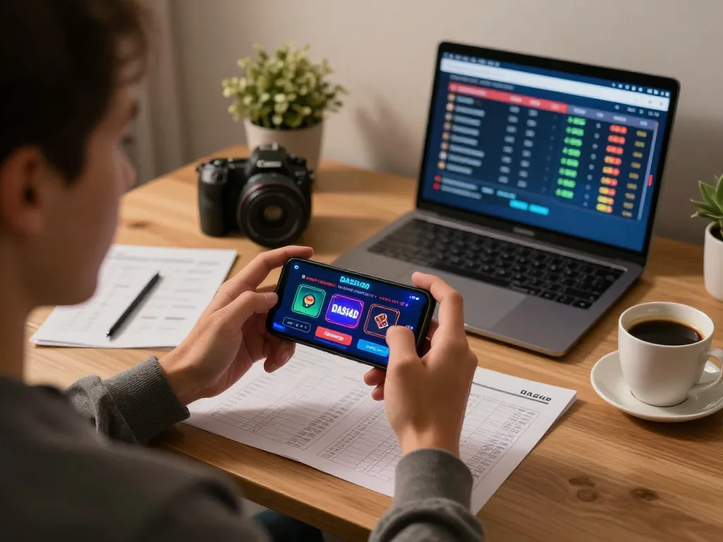 Pemain DASI4D terlibat dalam permainan kasino online dengan smartphone yang disorot di kantor rumah yang nyaman.