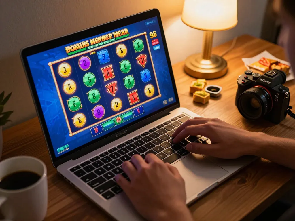 Engaging hands playing online slots with bonus new member promotion highlighted on screen