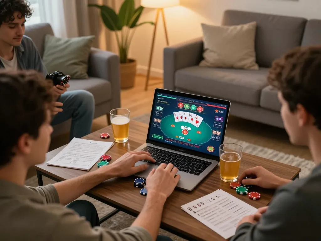 Engaging online gaming moment at trang chủ 3win, showcasing a player using a laptop for poker strategy.