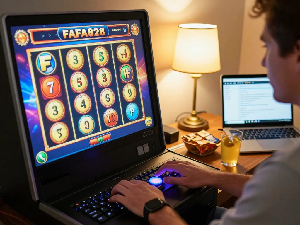 FAFA828 player enjoying exciting slot gameplay at home in a cozy atmosphere