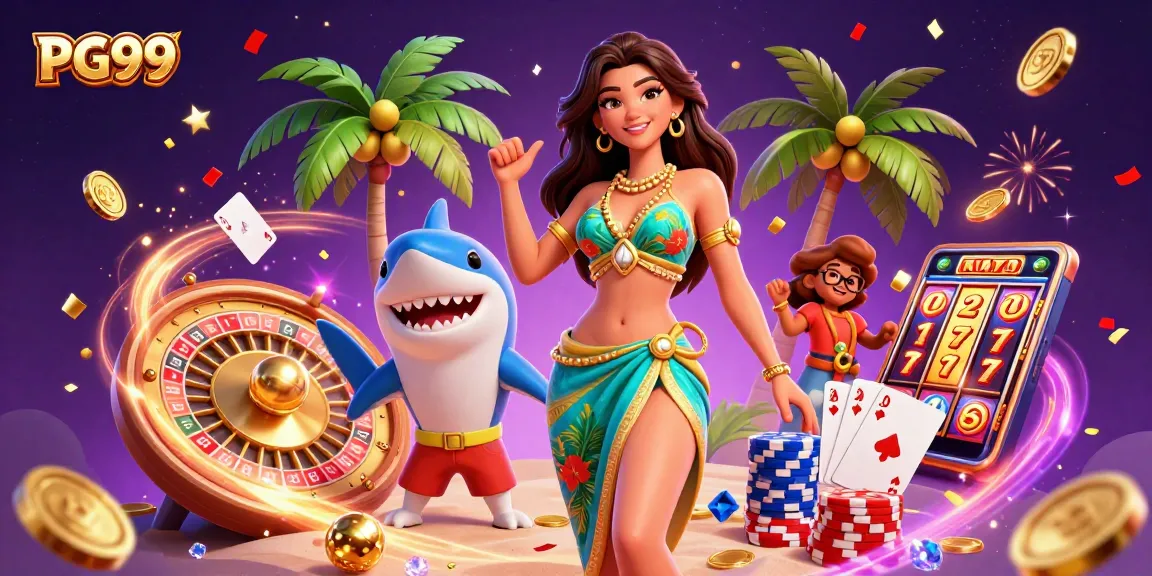 PG99 casino scene with a glamorous beach goddess and a shark celebrating with jackpots and coins.
