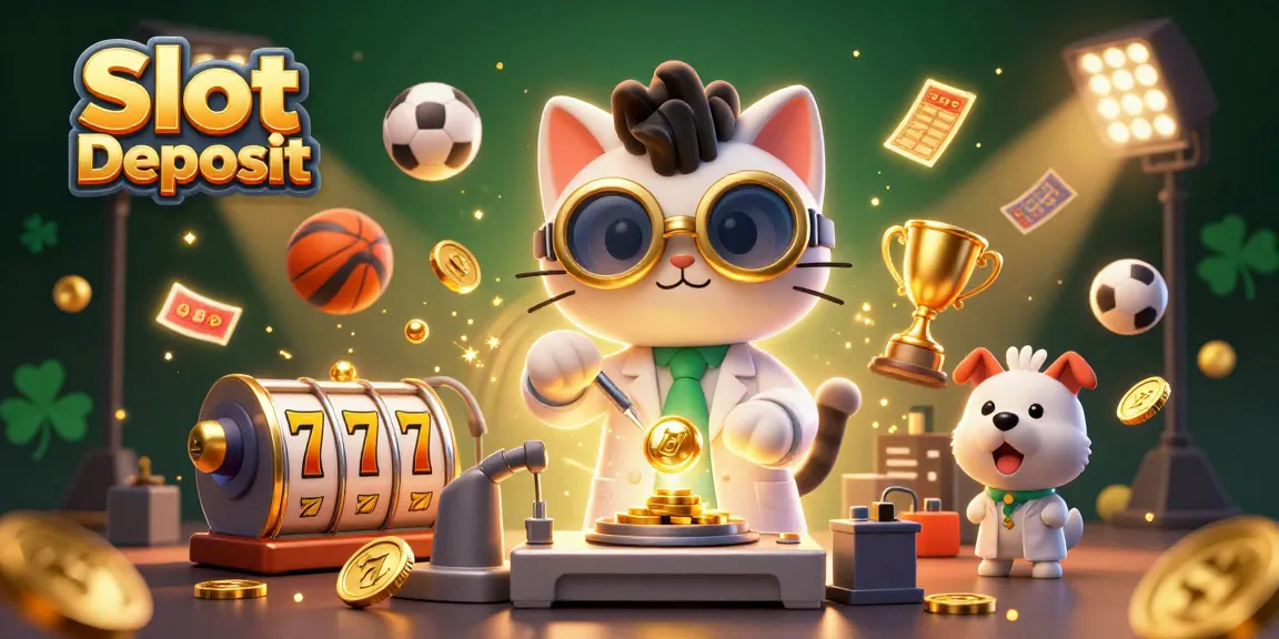 Experience Slot Deposit action with a mad scientist cat creating a gold-coin machine amidst dynamic gambling elements.