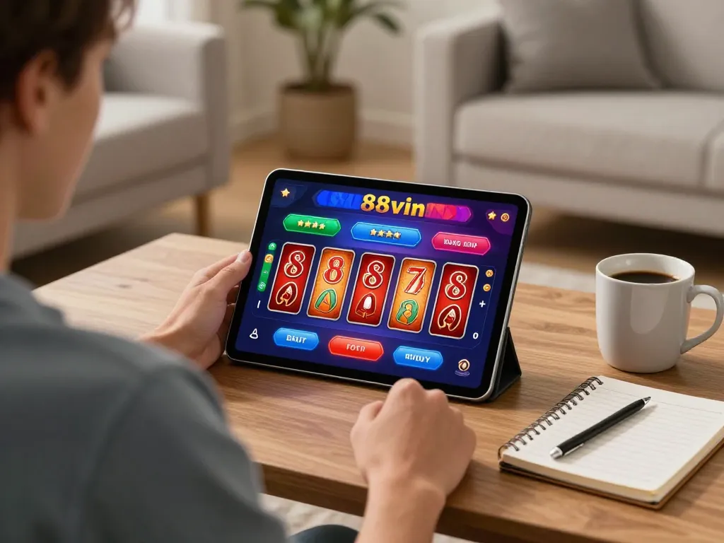 Engaging in 88vin online casino gaming from a cozy living room setting on tablet.