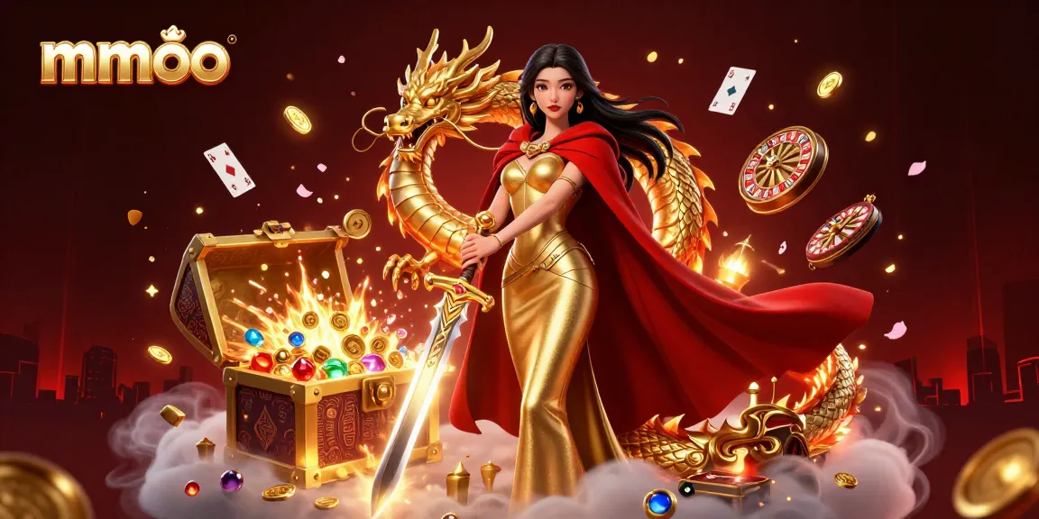 Engage with mmoo gaming experience featuring a warrior queen, slot reels, and dynamic casino elements.