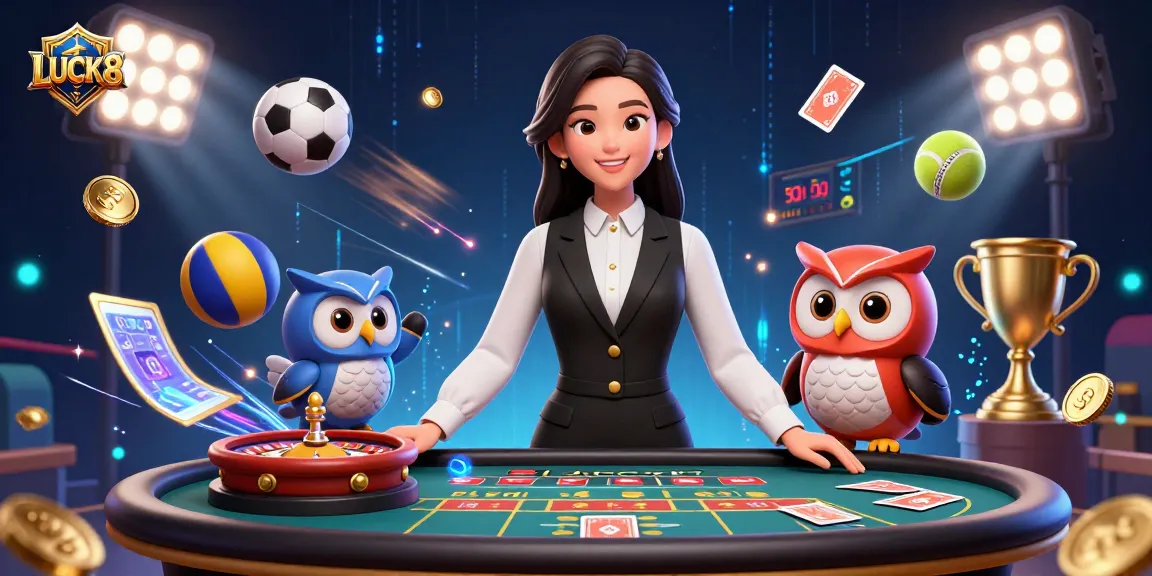 Experience thrilling gaming at LUCK8 with a dynamic casino illustration featuring dealers and game elements.