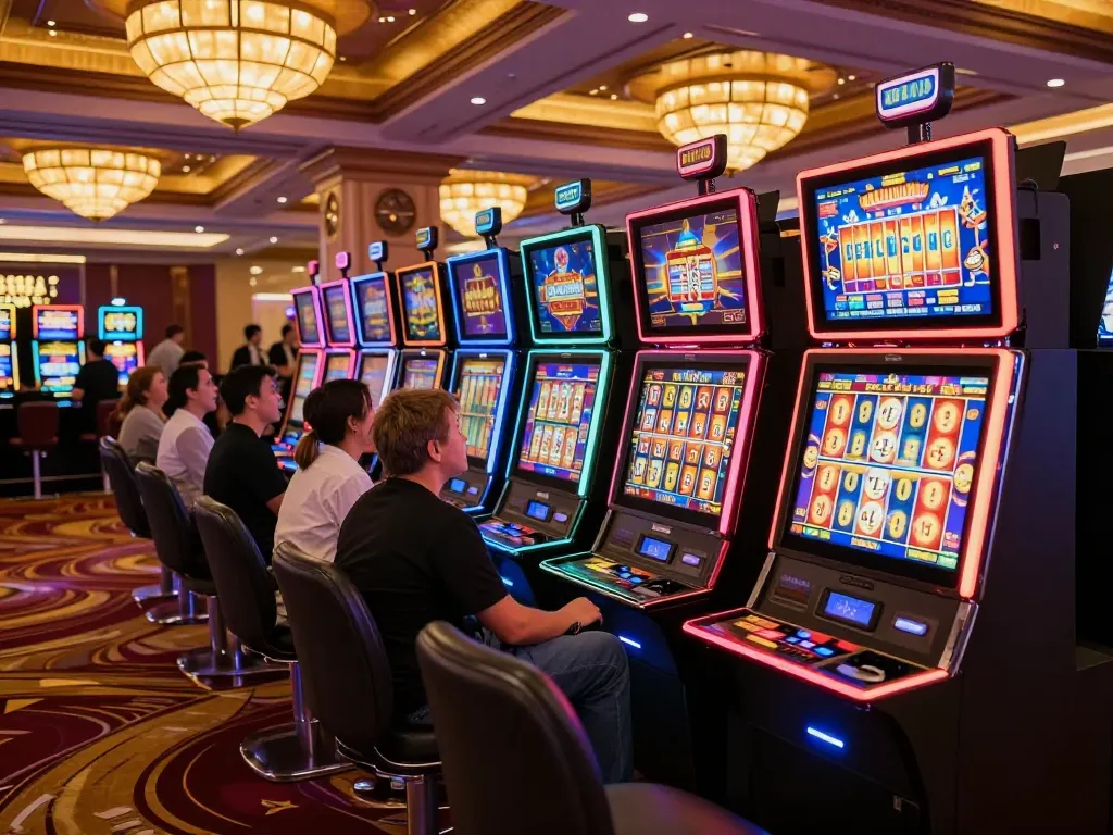 Experience the excitement of playing slot online with colorful machines spinning and happy players in a bustling casino.