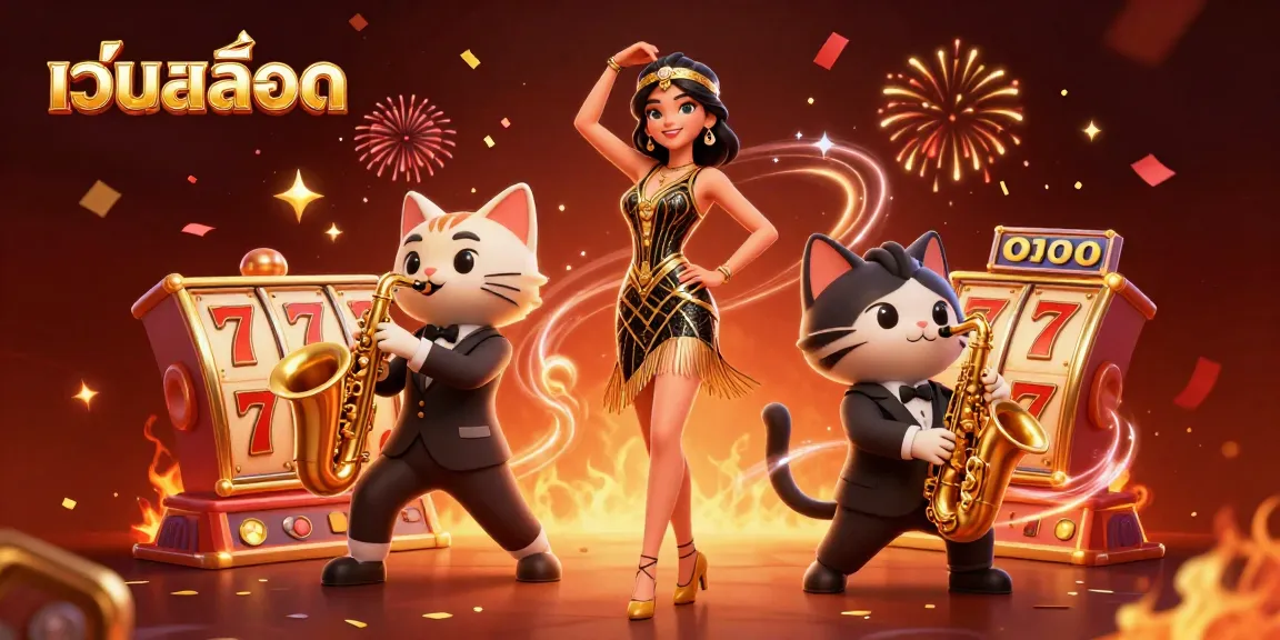 Engage with เว็บสล็อต through vibrant slot games illustrated with a dancing flapper and jazzy cat.
