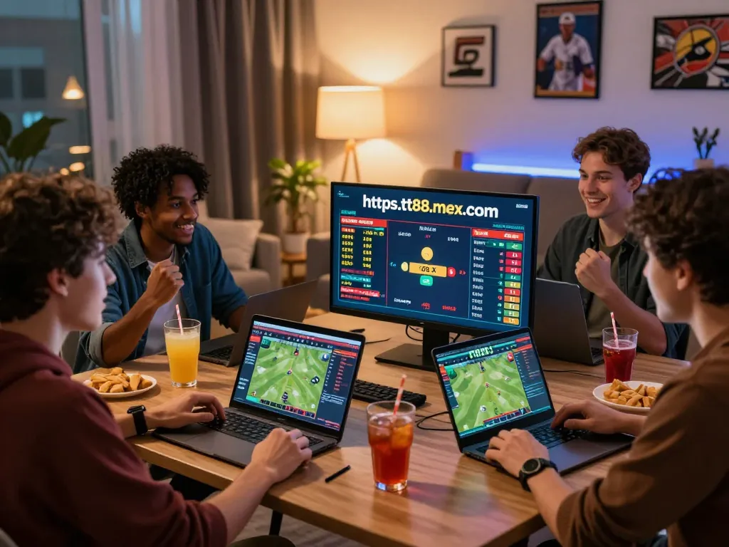 Group of friends enjoying online betting at https://tt88.mex.com/ in a lively home setting, showcasing excitement and camaraderie.