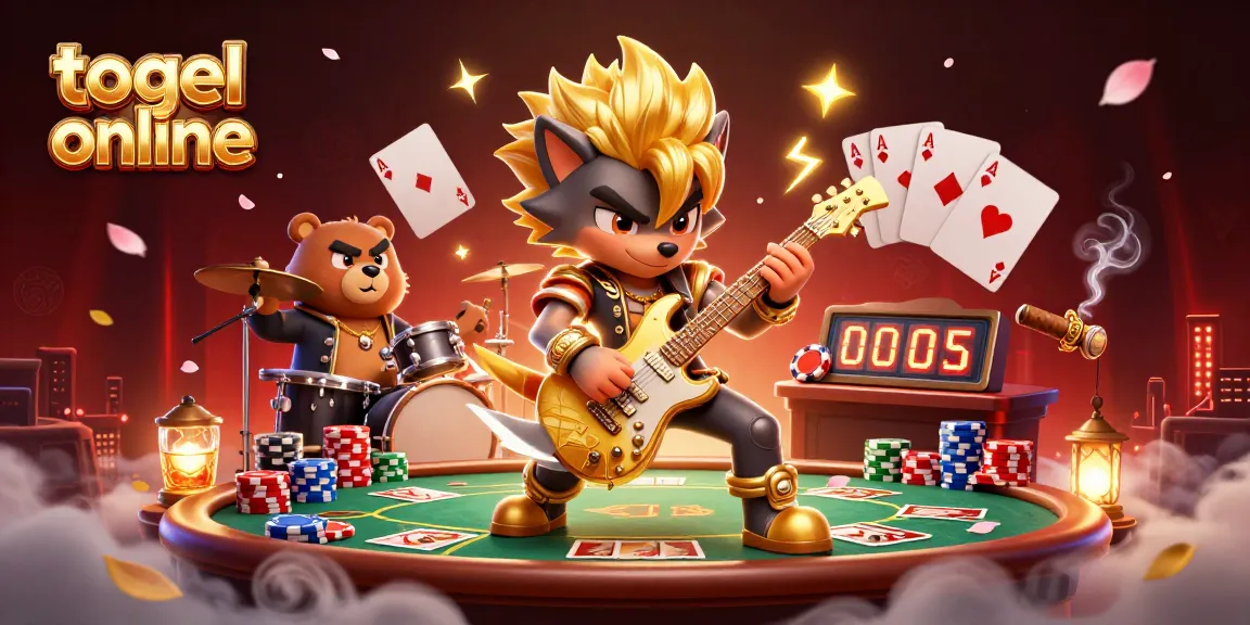 Engage with togel online action as a rock star wolf and drummer bear entertain on a vibrant casino stage.