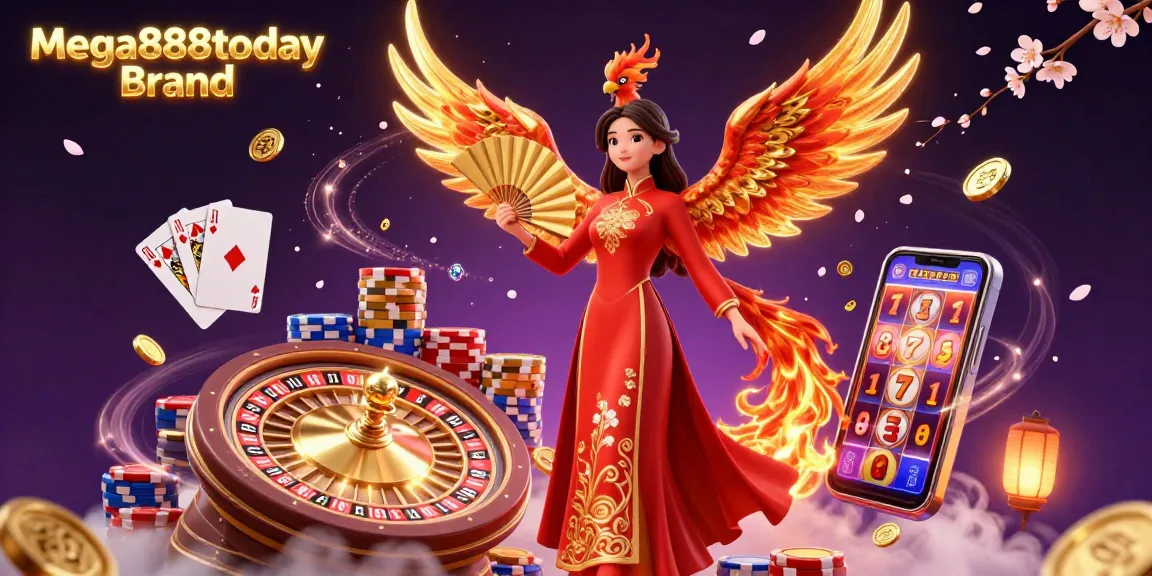 Mega888today Brand captures excitement at the casino with a woman in ao dai and golden phoenix amidst cascading coins.