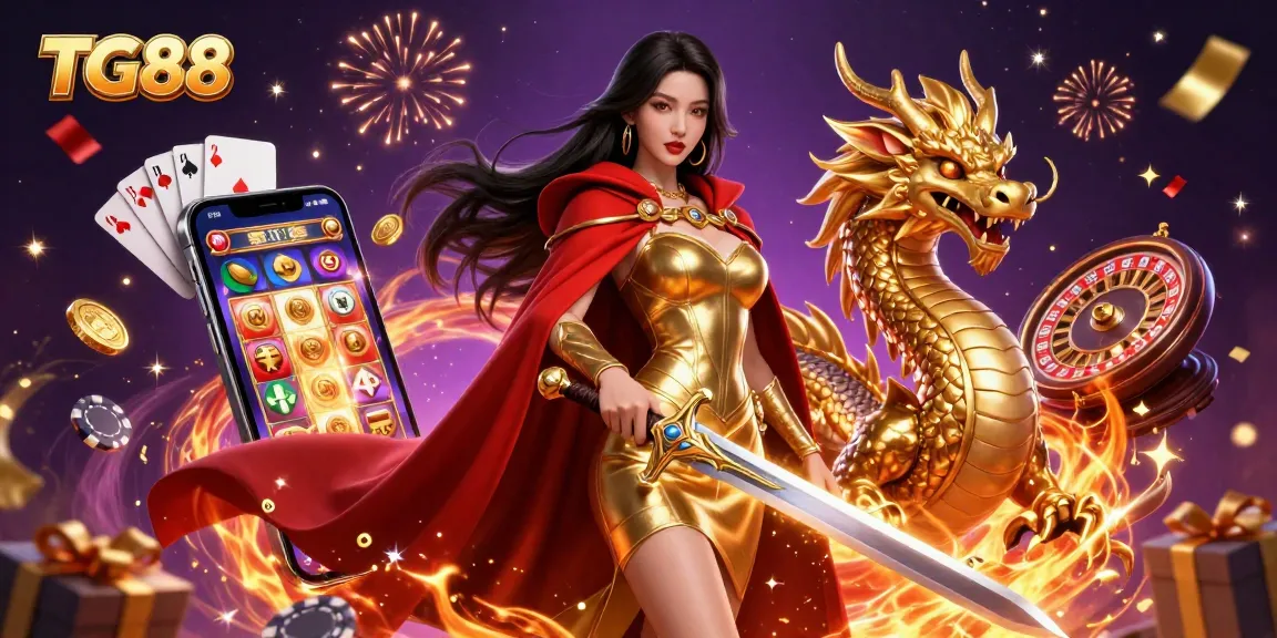 Engage in epic gameplay at TG88 as a stunning warrior queen commands a dynamic casino scene.