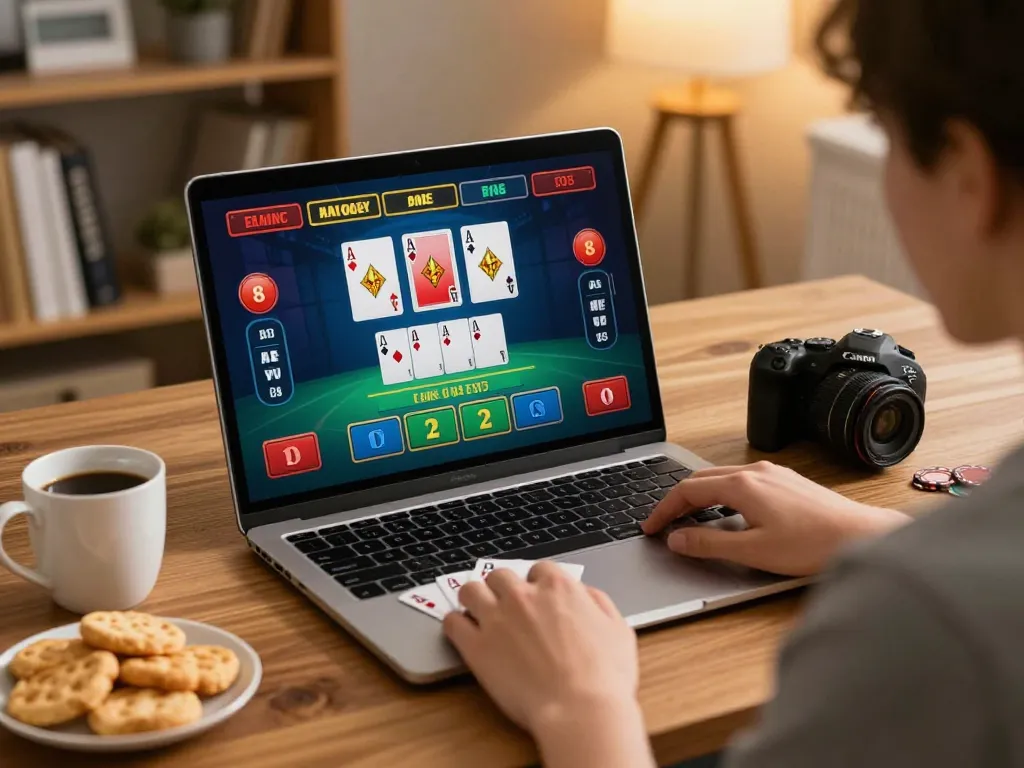 Player enjoying blackjack on laptop while exploring nhà cái 88aa online gaming options in a cozy home setting.