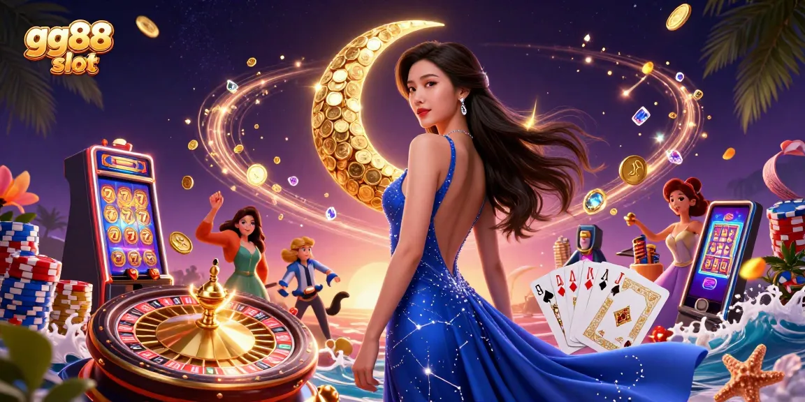 Experience the excitement of gg88 slot with a glamorous Asian woman amid stunning casino elements.