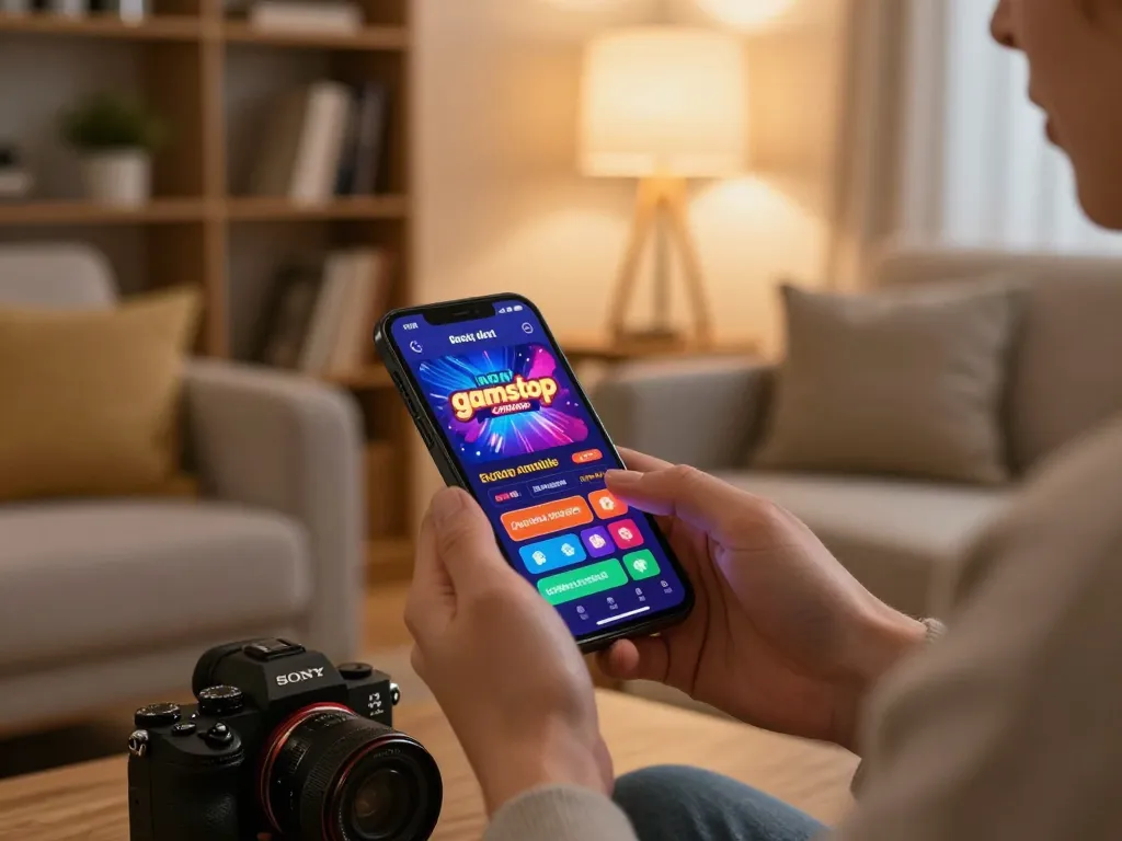 Engaging session on non gamstop casinos app displayed on smartphone, cozy home setting with strategic gameplay.