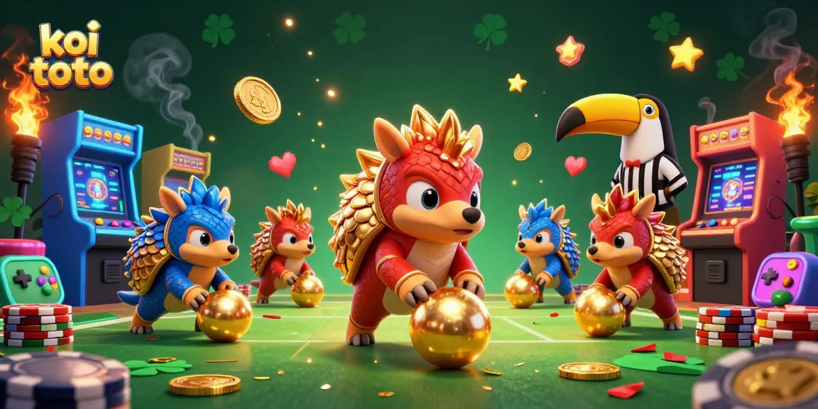 Engage with koi toto as rival pangolins compete in a vibrant casino-themed scene filled with poker chips and arcade elements.
