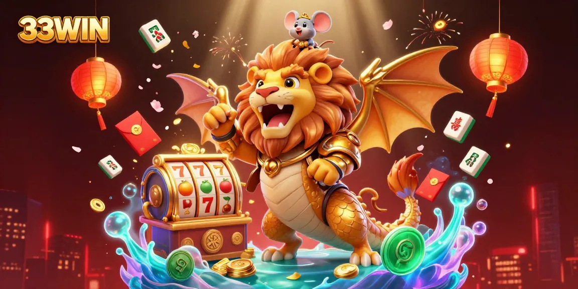 Experience thrilling gameplay with 33WIN as the golden chimera celebrates in this vibrant casino 3D illustration.