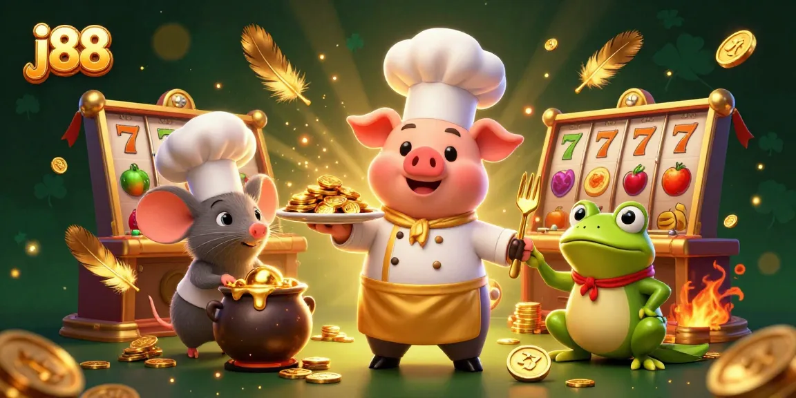 j88 chef pig serves gold coins in a vibrant slots game, highlighting casino excitement