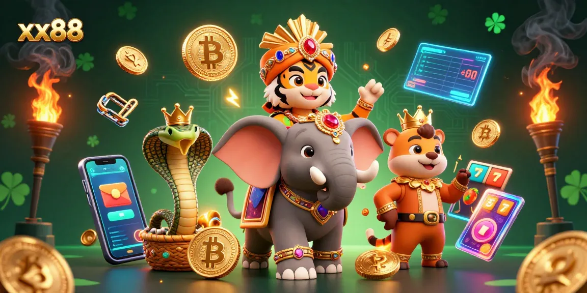 Engage with xx88's vibrant casino scene, featuring a maharaja tiger and jewel-encrusted elephant surrounded by crypto elements.