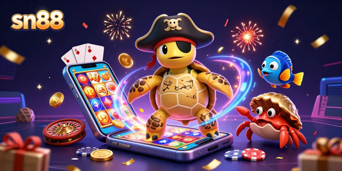 Experience the vibrant world of sn88 with a dynamic 3D scene featuring a pirate turtle and various casino elements.