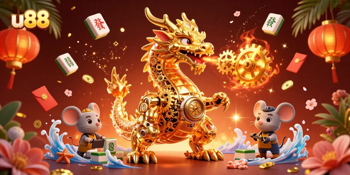 Engage in thrilling gameplay at u88 with vibrant gaming elements and a majestic dragon illustration.