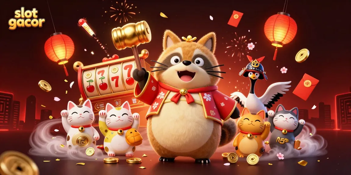Engage in slot gacor fun with a cheerful tanuki, colorful maneki-neko, and exciting casino elements.