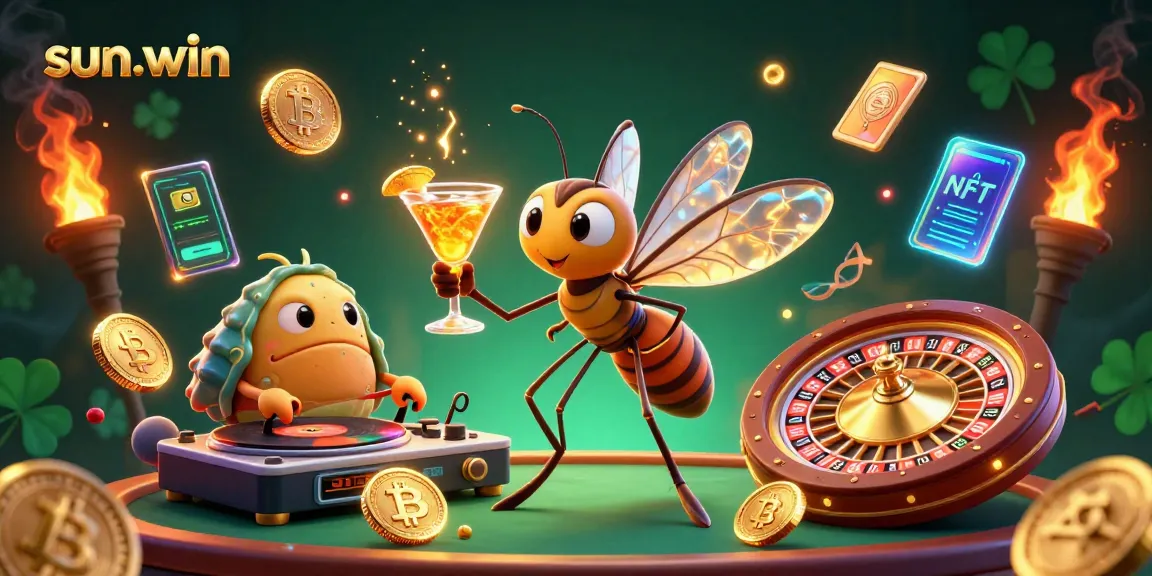 Experience sun-win casino excitement with a dynamic scene featuring animated cartoon characters and cryptocurrency elements.