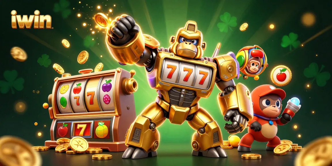 Experience iwin with a vibrant 3D illustration showcasing a golden gorilla mech and slot machine elements.