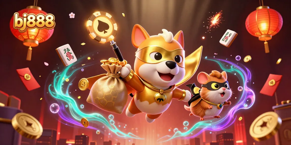 BJ888 players win big with cartoon characters celebrating and surrounded by golden confetti and casino elements