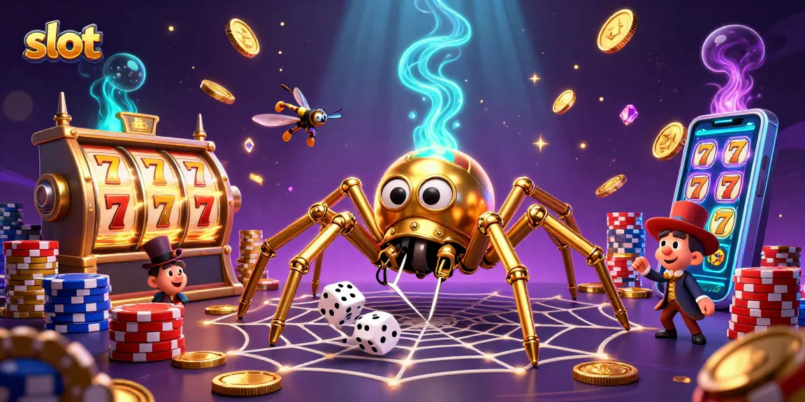 Slot yang menarik dengan karakter robot dan cacat berputar, dadu sial dan tumpukan chip poker bersinar.