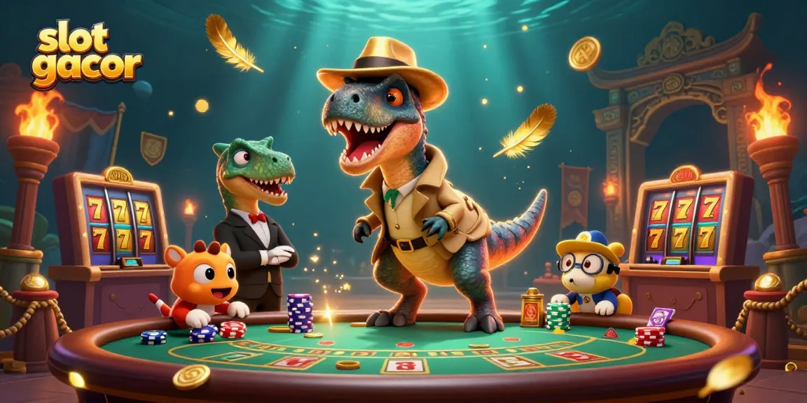 Experience slot gacor with an energetic scene of a velociraptor card counter sneaking chips at a blackjack table.