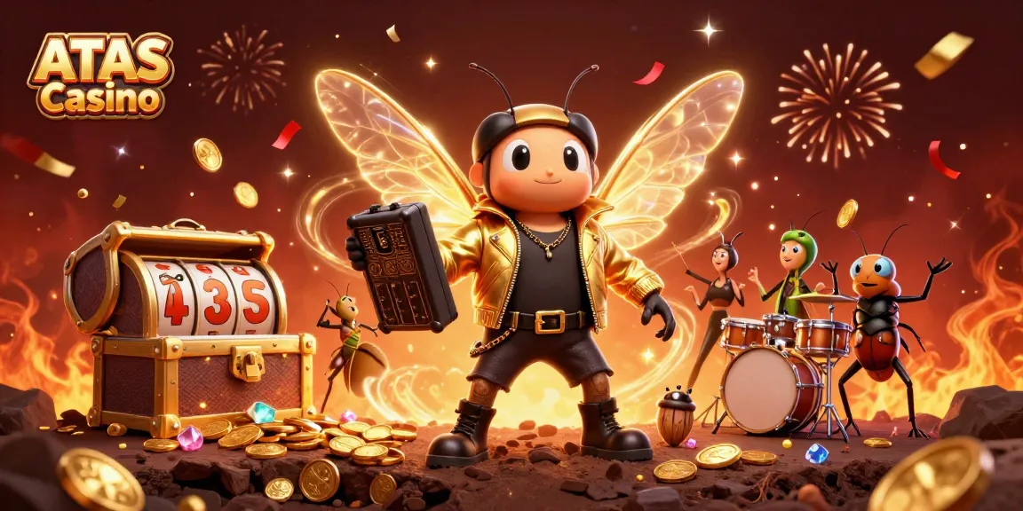 ATAS Casino showcases a 3D illustration of a cicada rock star and vibrant gaming elements, celebrating win