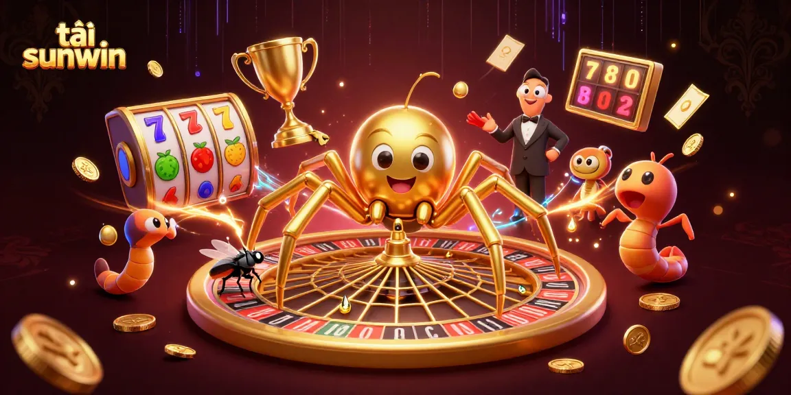 Bet on tải sunwin with a vibrant 3D casino scene featuring a golden spider and interactive game elements