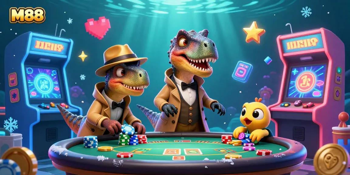 M88 showcases a vibrant 3D cartoon scene with a velociraptor card counter and gaming excitement.