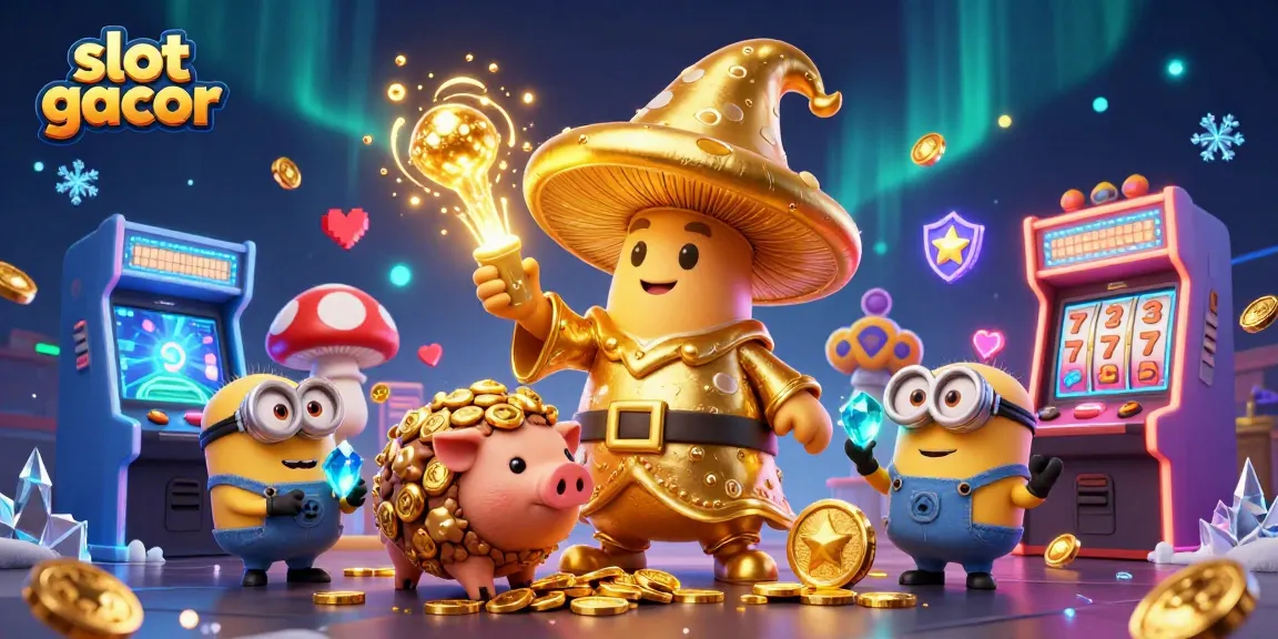 Experience slot gacor excitement with magical characters and colorful game elements in a vibrant casino-themed illustration.