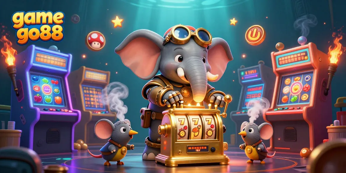 Experience the excitement of game go88 with a steampunk elephant operating a golden slot machine in a vibrant casino setting.