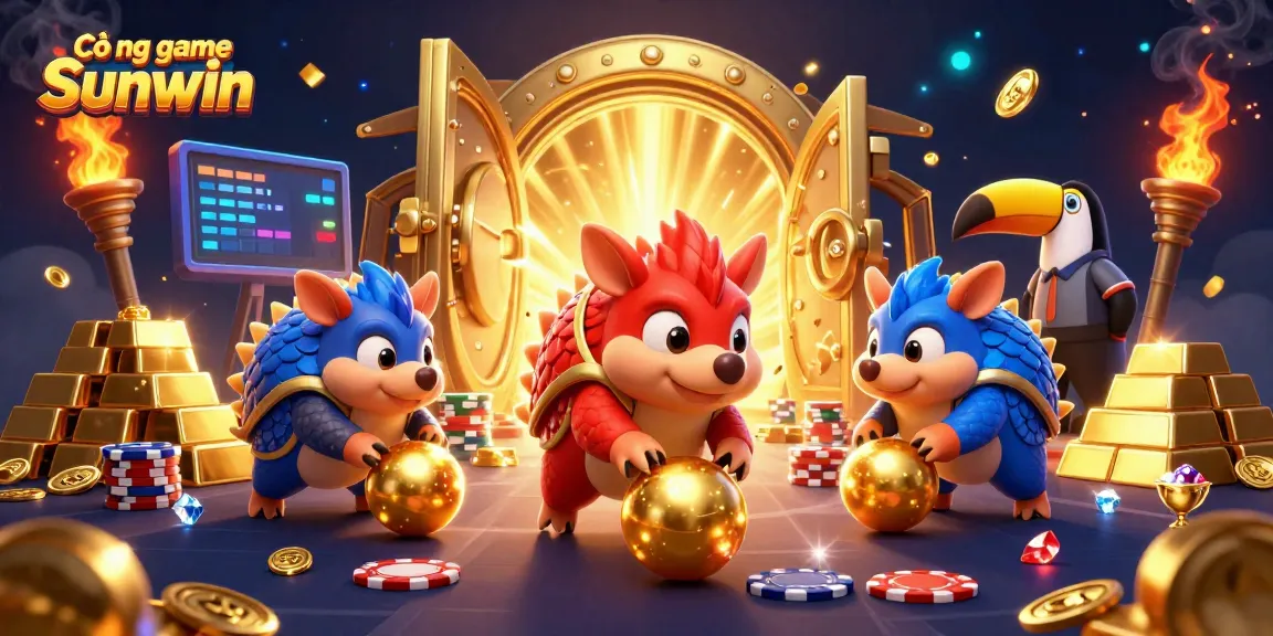 Cổng game Sunwin features rival pangolins in action, bowling through poker chips amidst treasures and excitement.