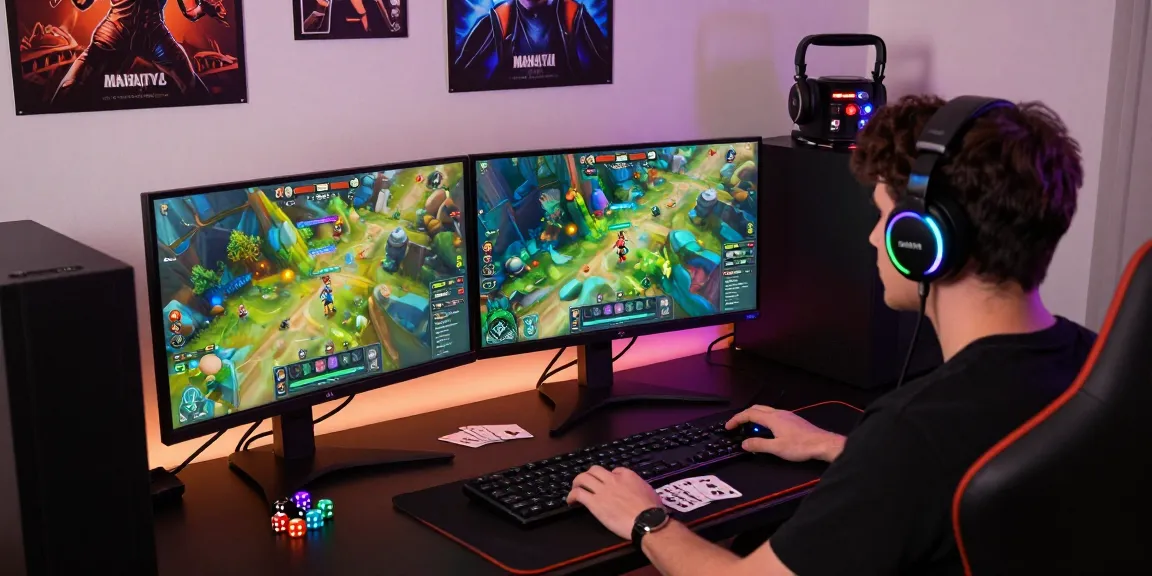 Online gaming scene at Mahajitu with vibrant displays, gaming accessories, and energetic atmosphere.