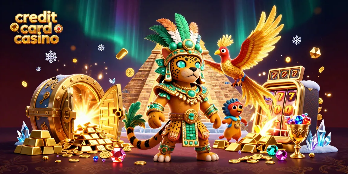 Experience the thrill of a credit card casino with vibrant slot elements surrounding cartoon characters and treasures.