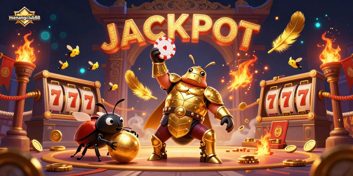 Engage with menangclub88 as a 3D cartoon beetle triumphantly showcases a poker chip, amid vibrant casino elements.